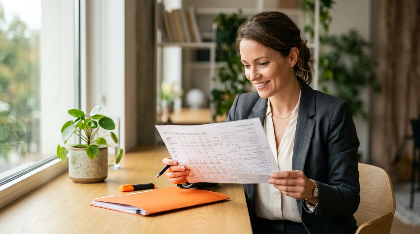Hiring manager reviewing a budget approval document at a bright desk during a company hiring freeze