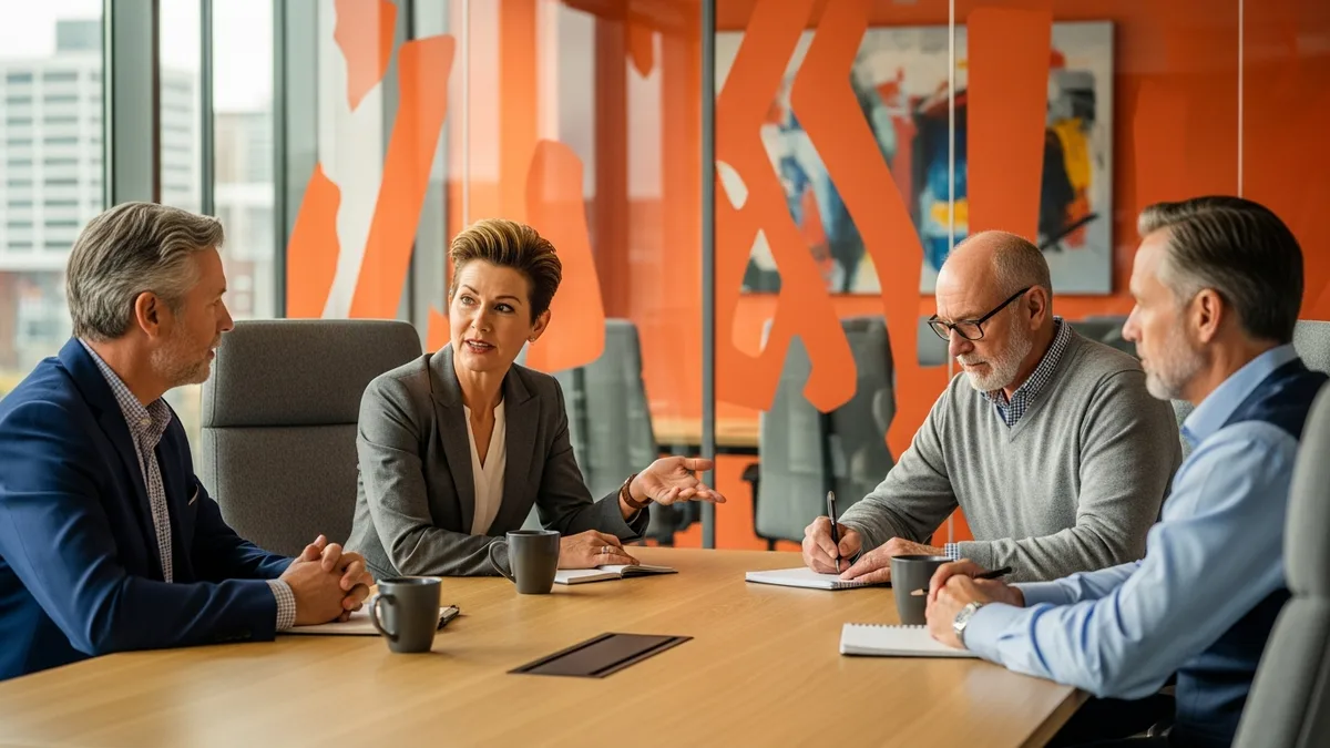 Search consultant and company executives aligning on the hiring scorecard during the kickoff stage of a retained executive search