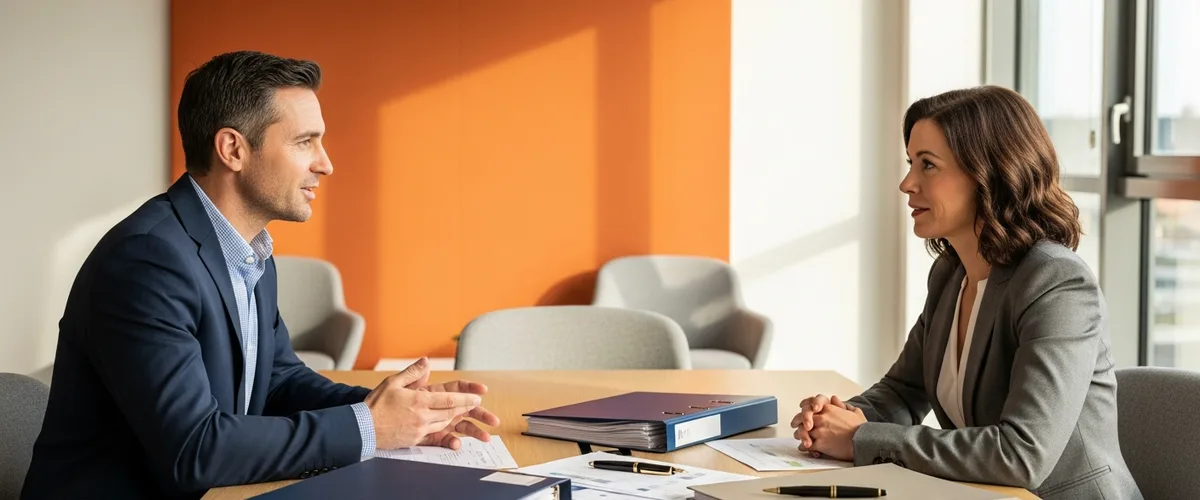 Two mid-market executives comparing printed ERP vendor proposals across a conference table