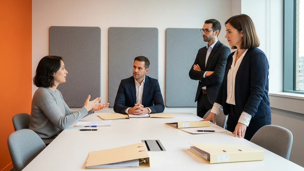 ERP selection committee reviewing vendor requirements and printed proposal binders in a conference room