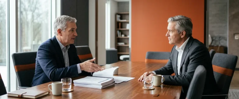 A CEO and a board chair comparing retained executive search firm proposals across a boardroom table before choosing a firm