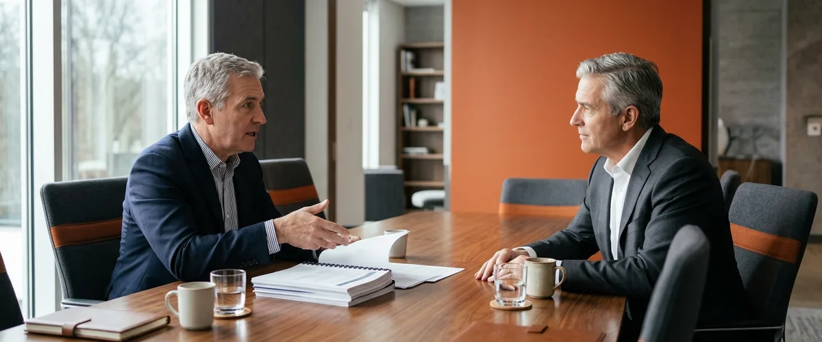 A CEO and a board chair comparing retained executive search firm proposals across a boardroom table before choosing a firm