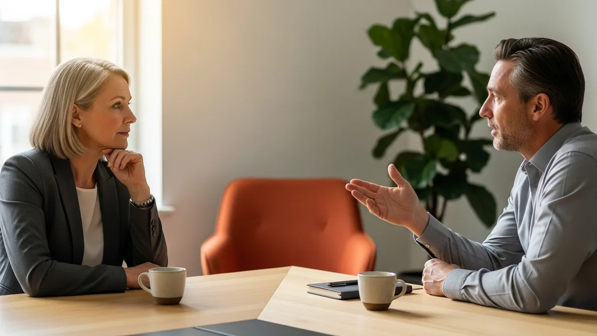CEO and board member seated across a table scoping the mandate for a C-suite executive hire