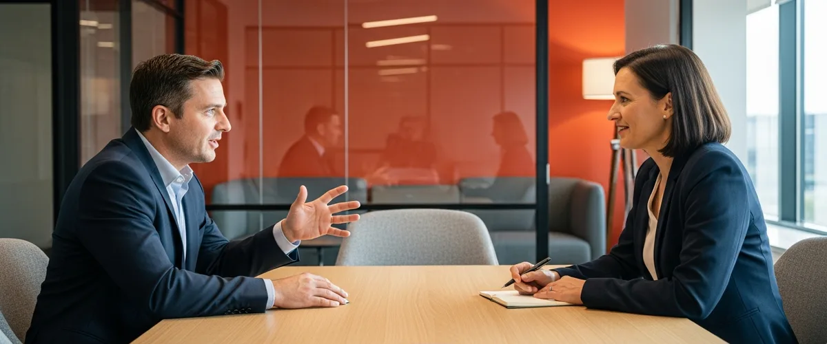 Hiring manager and NetSuite solution architect discussing project scope across a conference table