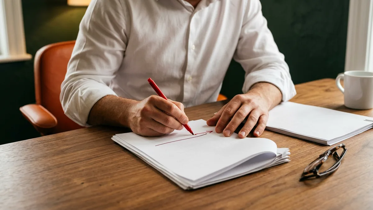 Contract reviewer marking up the replacement guarantee and conversion fee terms of a staffing agency agreement with a red pen