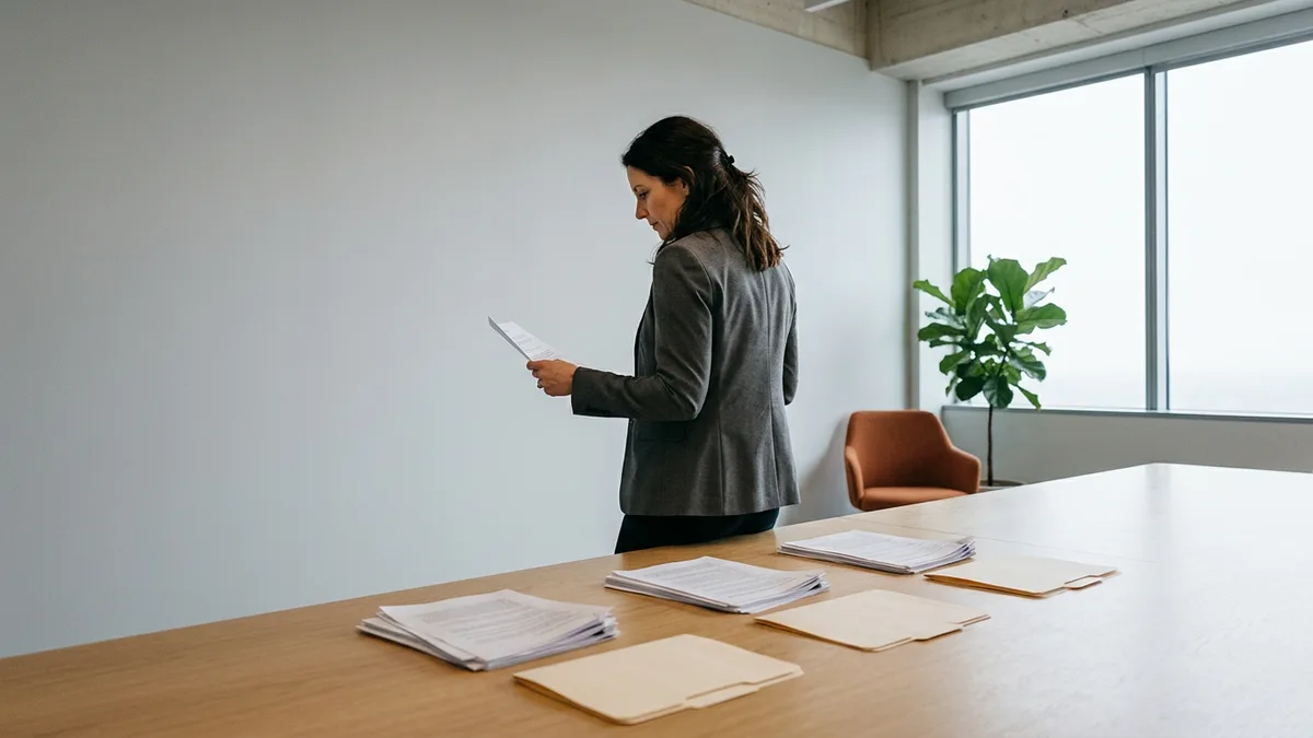Hiring leader comparing three printed staffing agency proposals laid out on a conference table before choosing a vendor