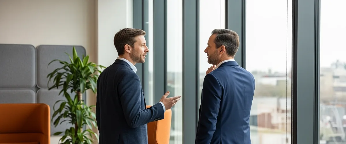 HR leaders discussing HR leave management software in a modern office