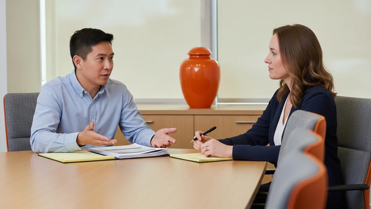 Hiring manager and recruiter discussing an IAM engineer salary band over printed compensation benchmarks