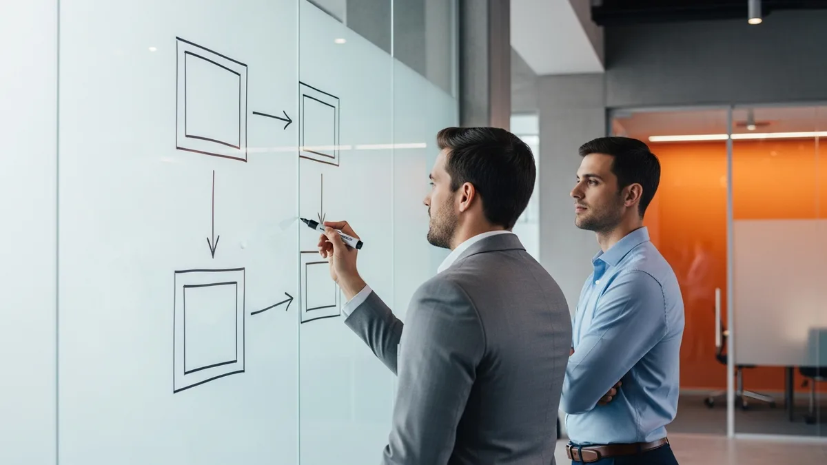 Two identity engineers mapping an IAM architecture across governance, privileged access, and federation tracks on a whiteboard