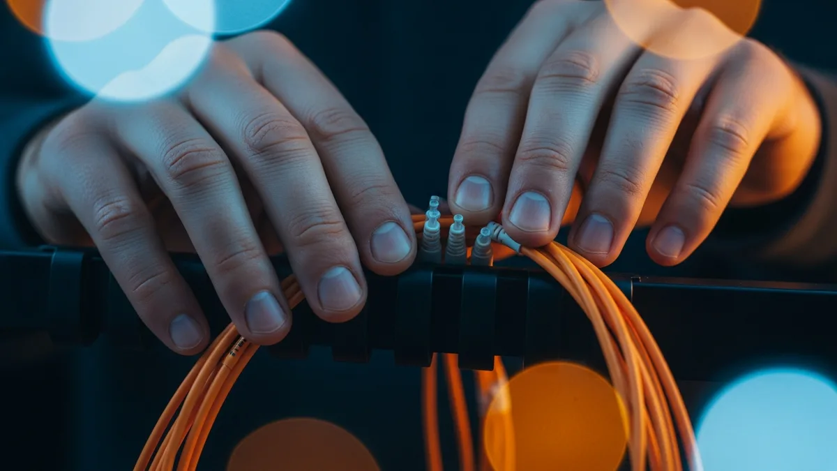 Engineer routing orange fiber patch cabling in the identity infrastructure behind an access management platform