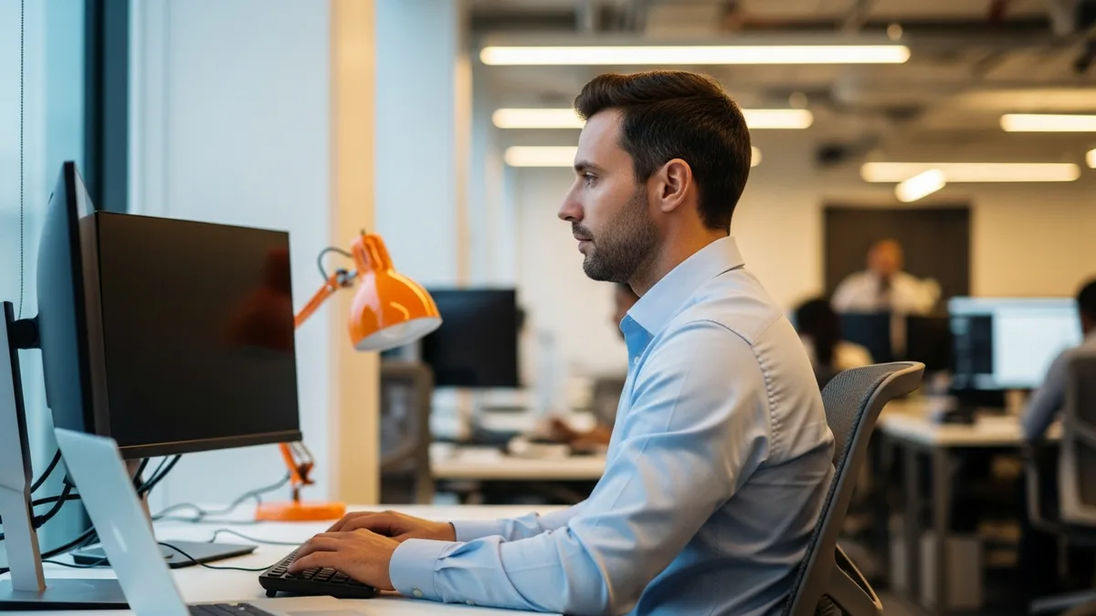 In-house NetSuite administrator working at a dual-monitor desk on an open-plan finance floor