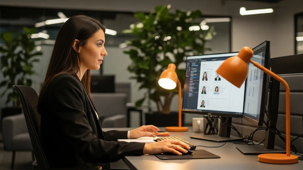 In-house technical recruiter sourcing candidates on dual monitors at her desk