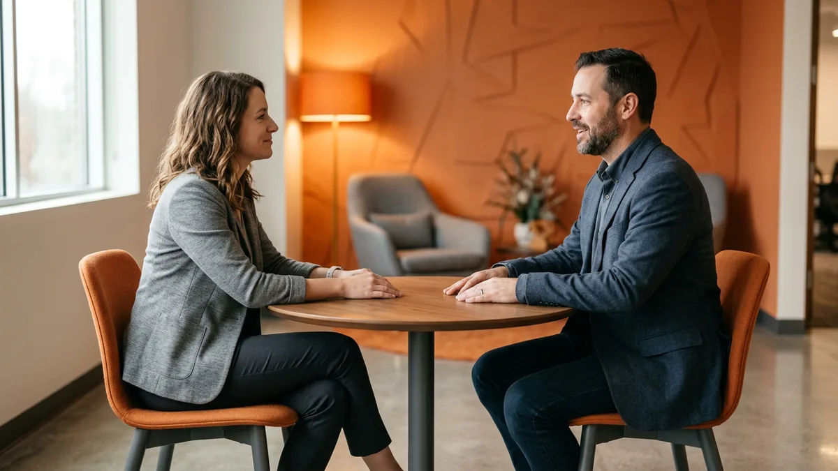Engineering manager and engineer talking across an empty table during a clean-room performance check on an inherited team
