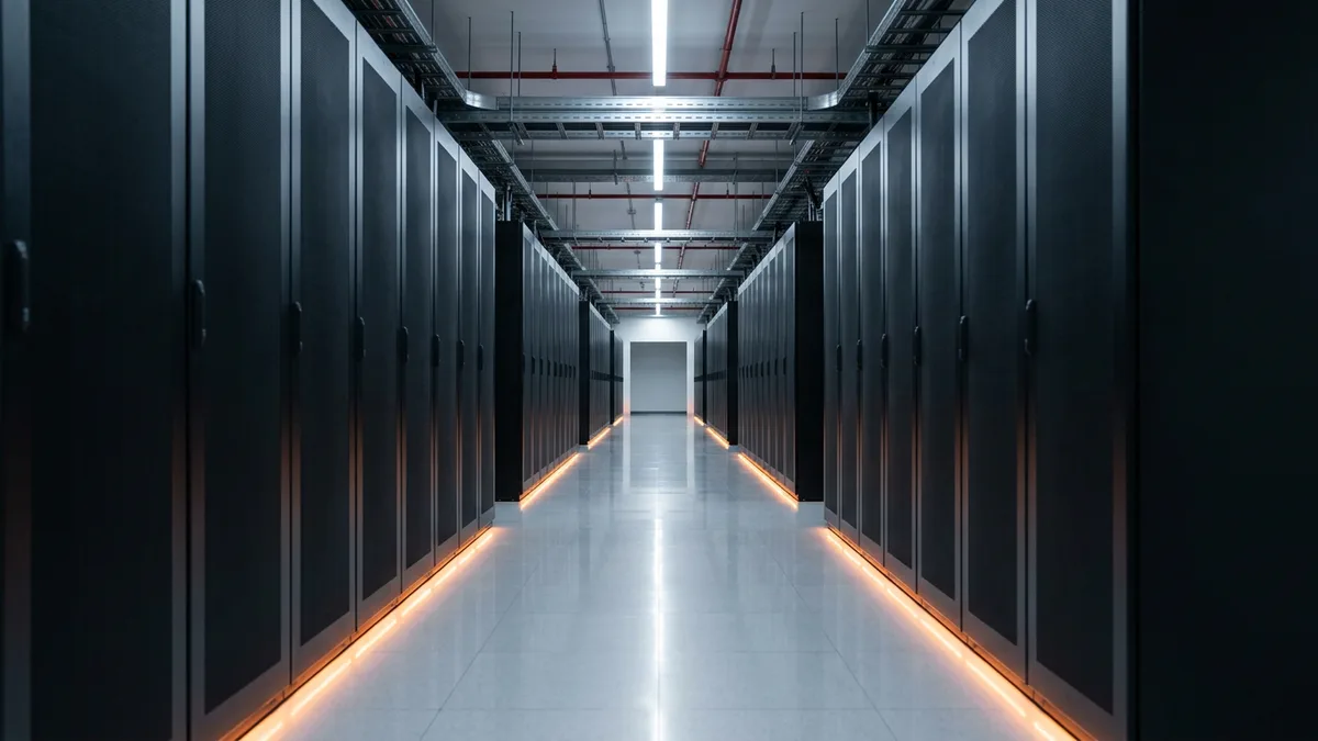 Data hall aisle of server cabinets representing the production systems integration engineers keep in sync