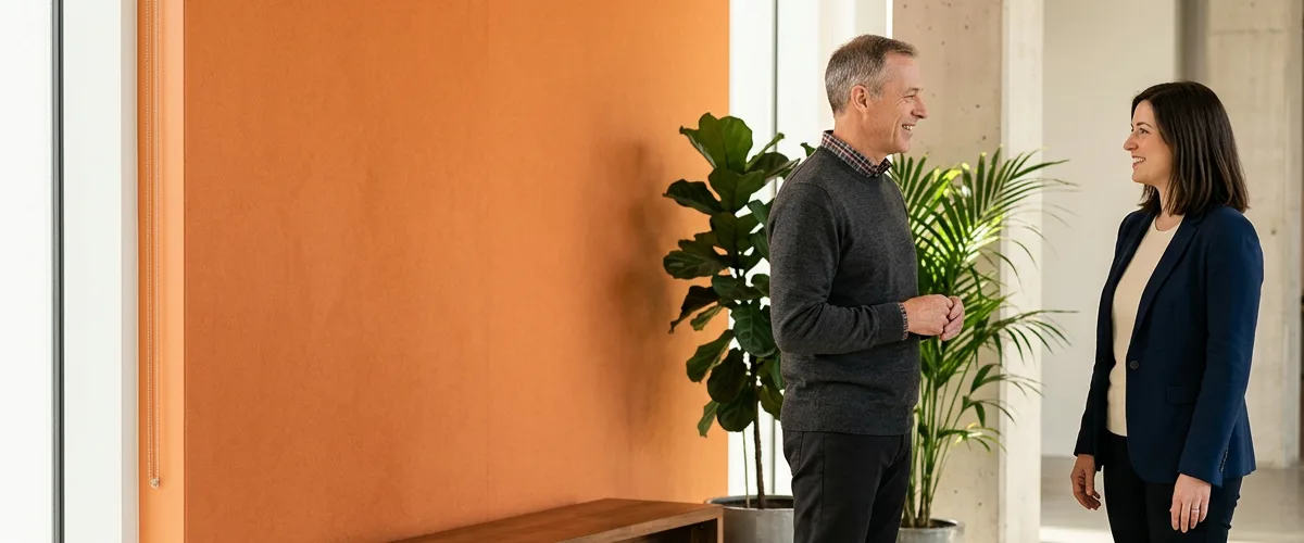 Two hiring leaders talking in an office about integration engineer interview questions and how to structure the loop