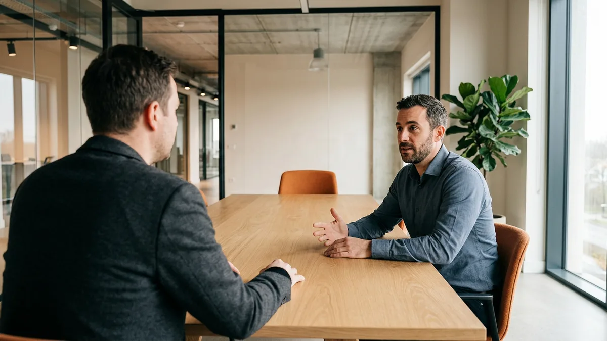 Hiring manager and integration engineer candidate across a meeting table during a technical screen interview