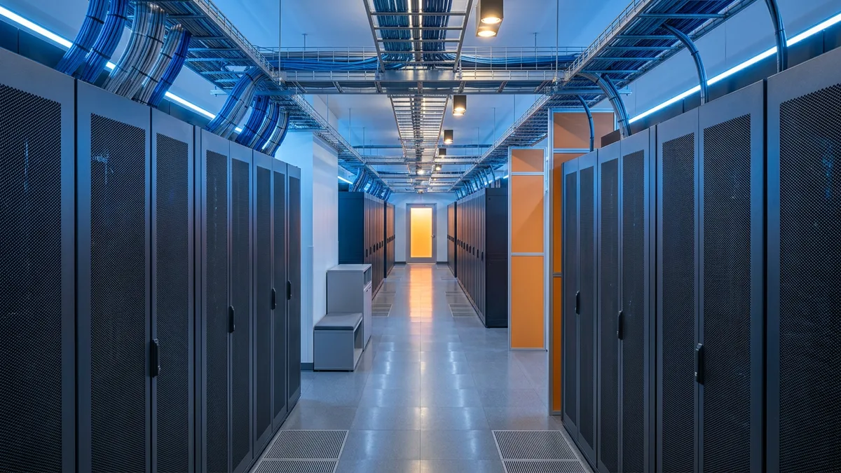 Data center aisle with server cabinets and structured overhead network cabling
