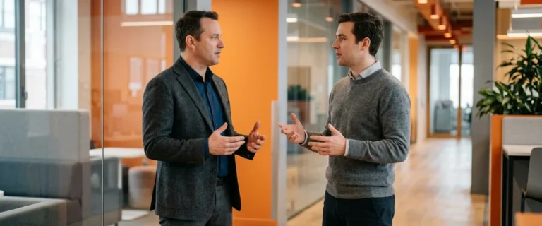 Two hiring leaders standing in a modern office discussing an integration engineer job description