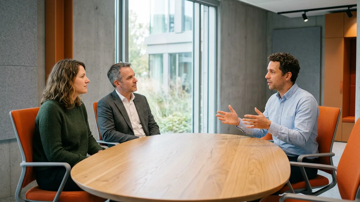 Hiring manager and colleagues in a conference room scoping the compensation band for an integration engineer role