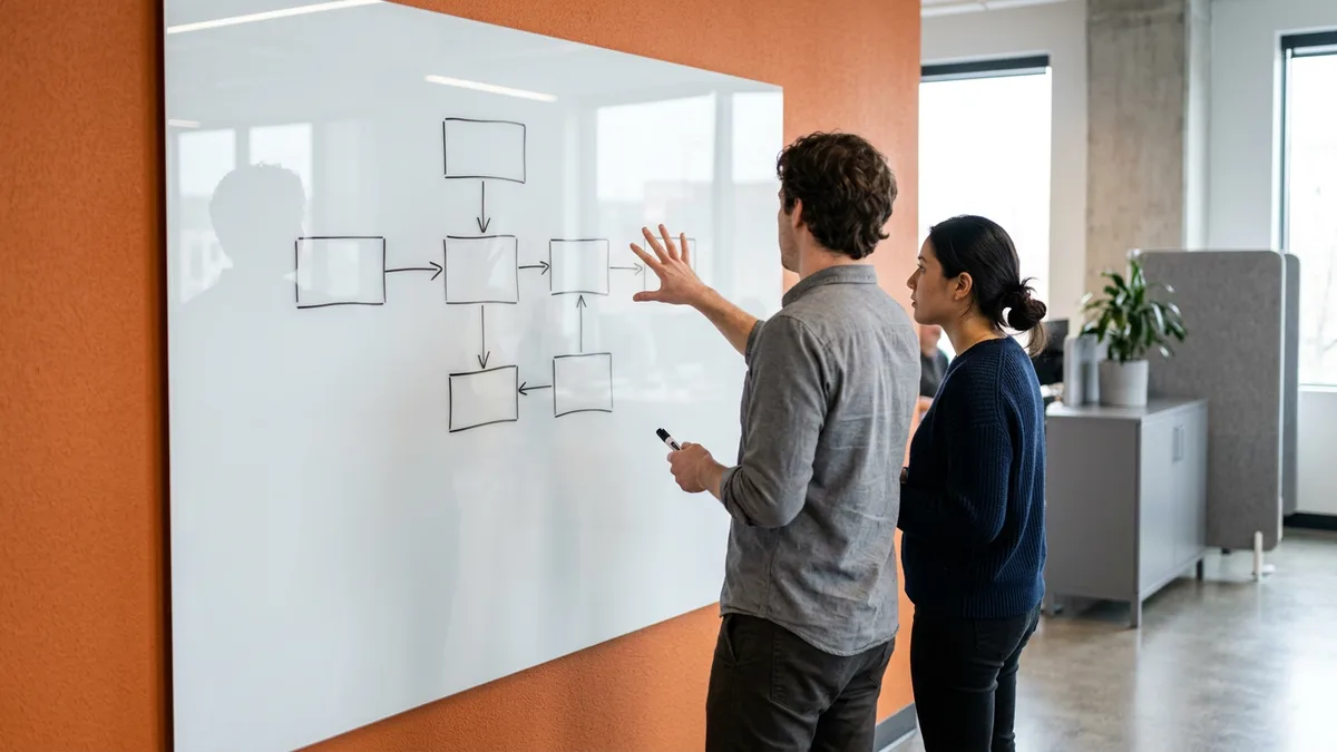 Two engineers at a whiteboard sketching how source and target systems connect through an integration layer