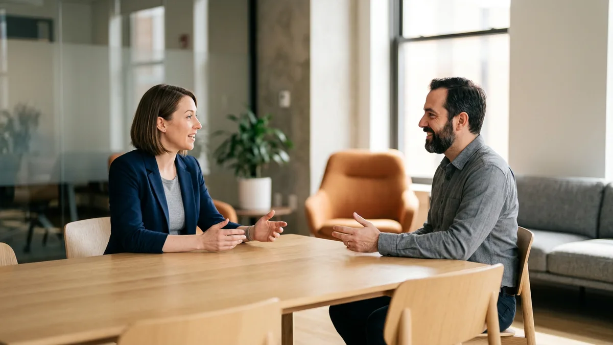 Hiring manager and technical lead discussing integration engineer salary bands across a conference table