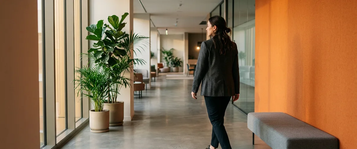 Professional walking through a modern office corridor with an orange accent wall, header image for the 2026 integration engineer salary guide