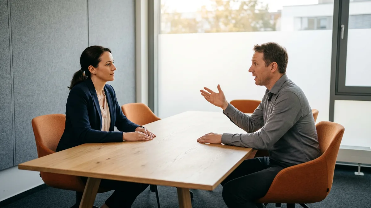 Hiring manager and recruiter discussing an integration engineer salary band across a conference table