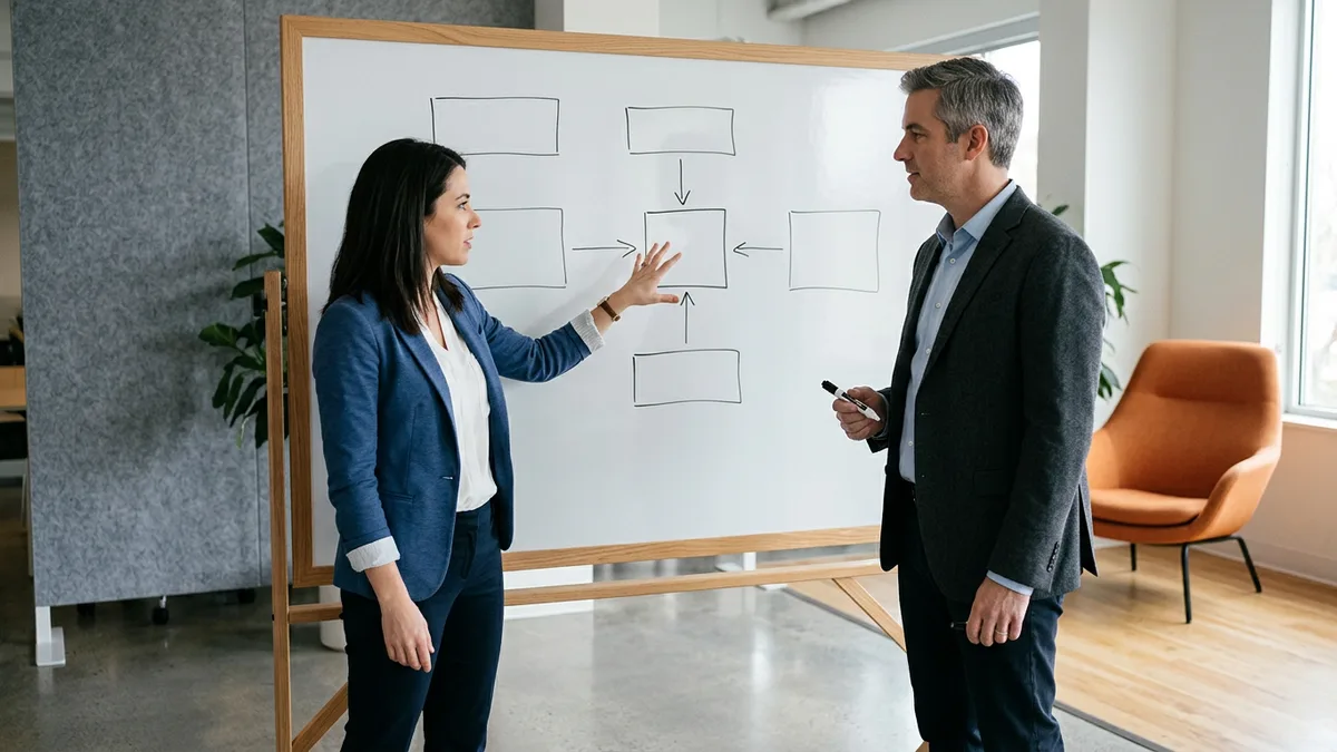 Hiring manager and technical lead mapping system interfaces as boxes and arrows on an office whiteboard