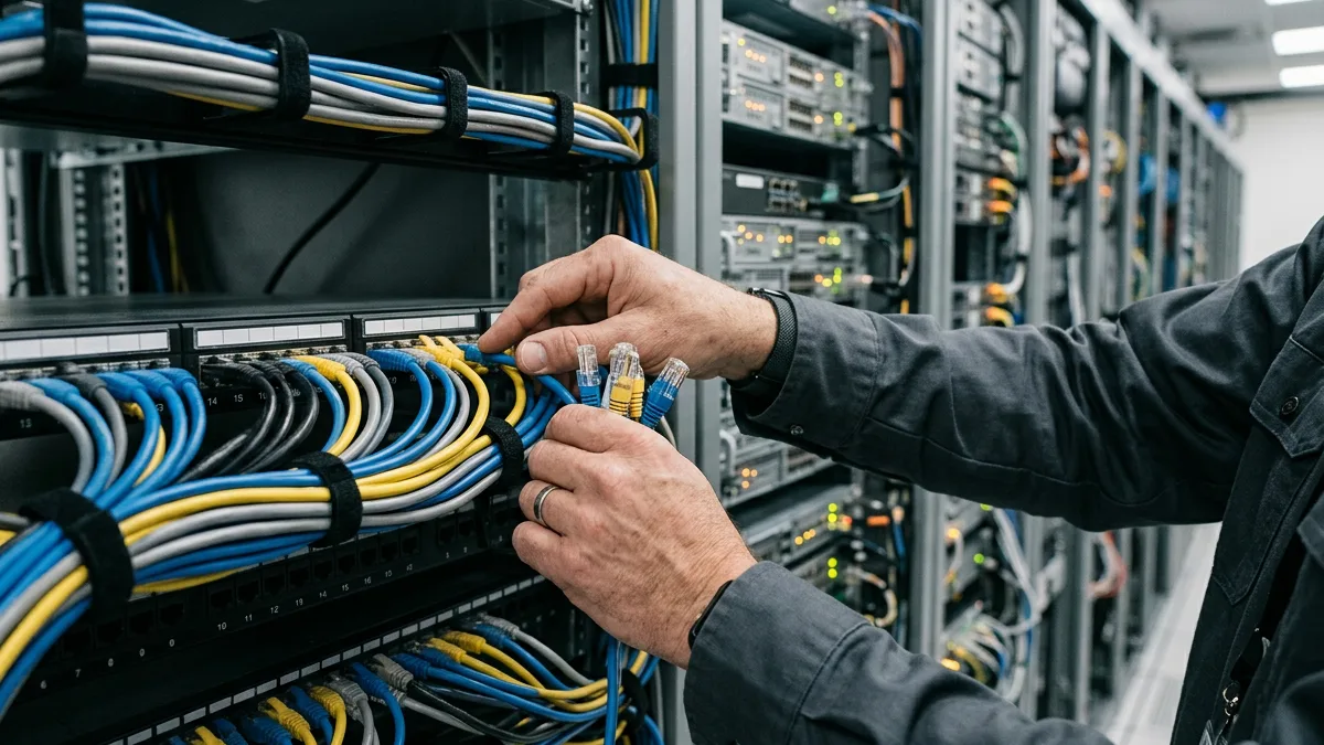 Integration engineer connecting patch cables into a rack-mounted patch panel in an enterprise server room
