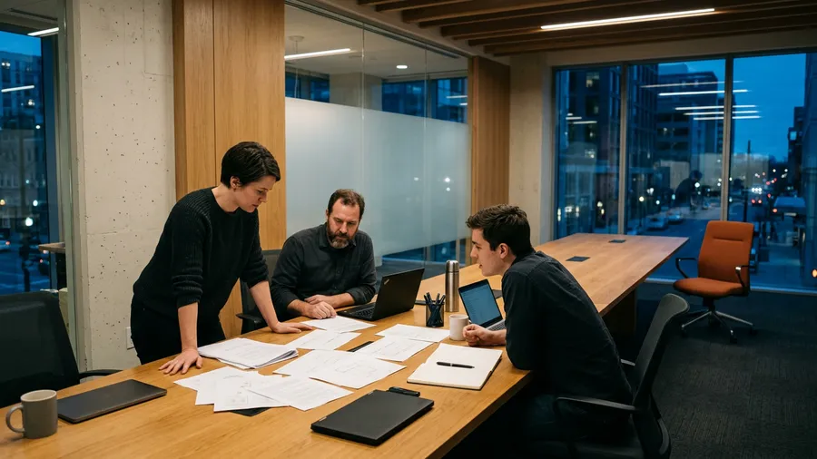 Three engineers working through an integration cutover around a conference table in the evening