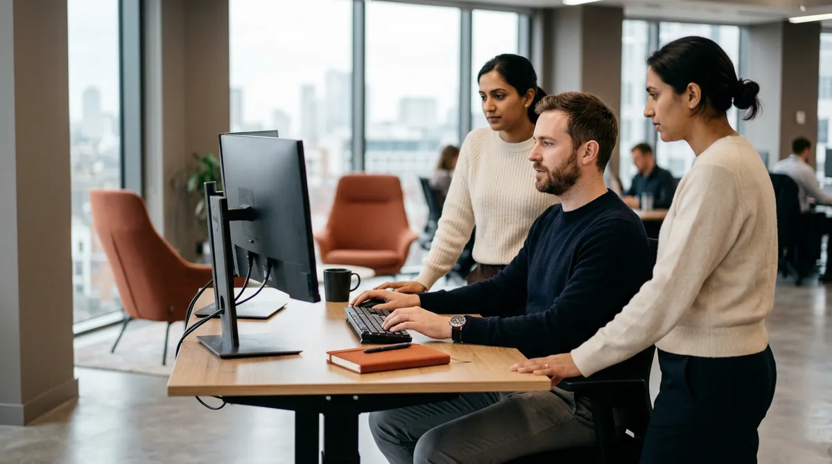 Integration engineer and a colleague reviewing a two-monitor workstation in a bright open-plan technology office
