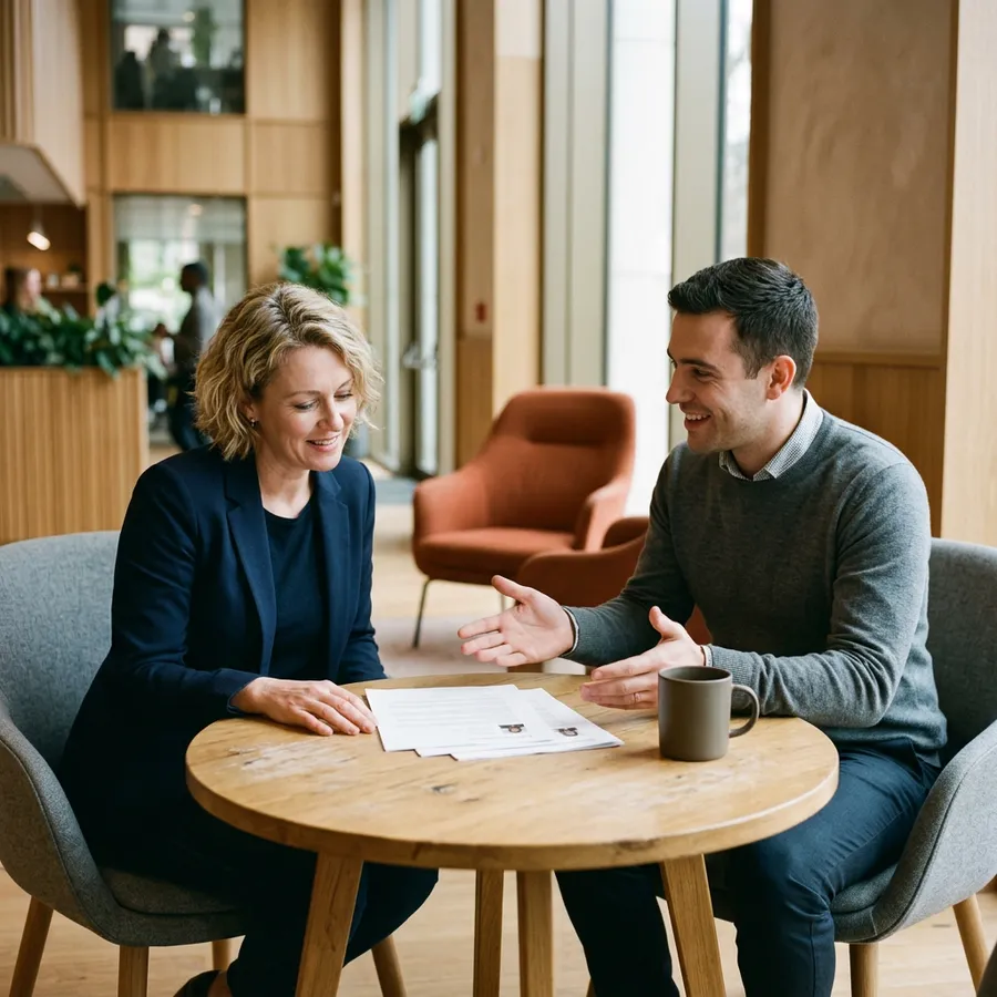 Hiring manager and technical recruiter reviewing integration engineer candidates on a laptop in a warm modern office