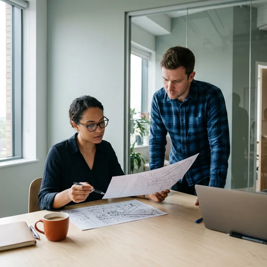 Two engineers comparing printed field mapping sheets side by side in a glass-walled meeting room