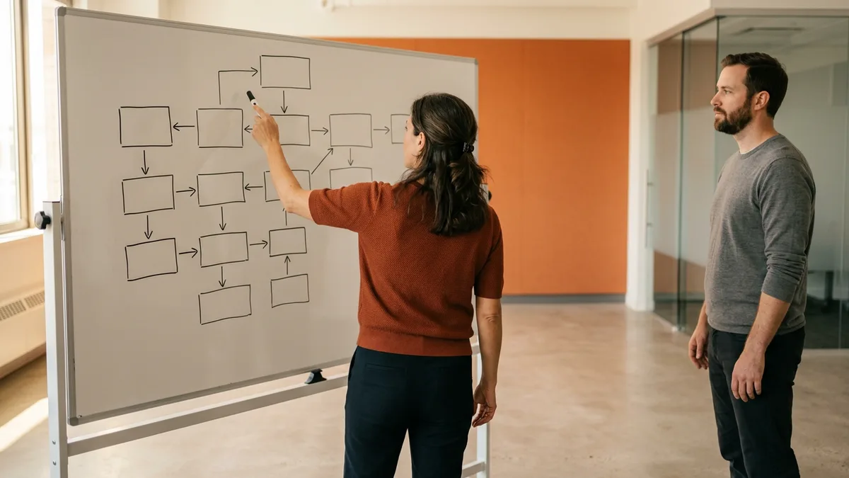 Integration engineer mapping system boundaries and message flow between boxes on a whiteboard