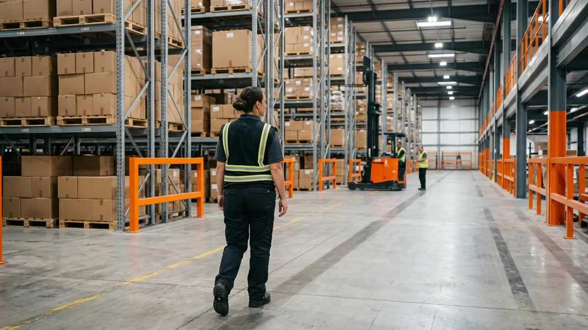 Distribution center aisle where duplicate purchase orders were picked after an integration retry failure