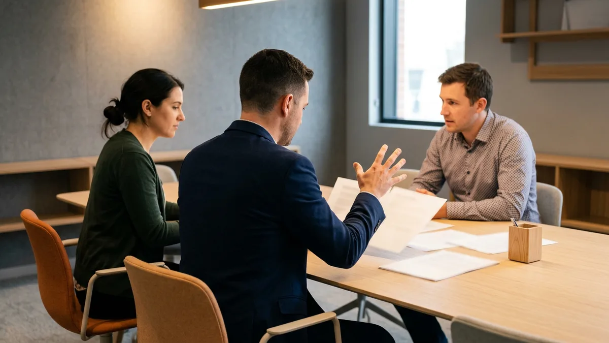 Engineering and finance leaders reviewing printed IT budget planning documents in a conference room