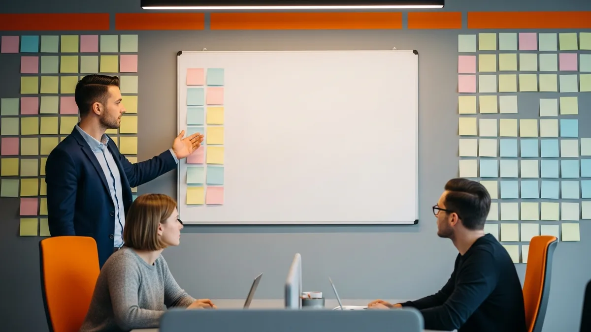 IT project manager leading a planning board session with two teammates in a tech workspace