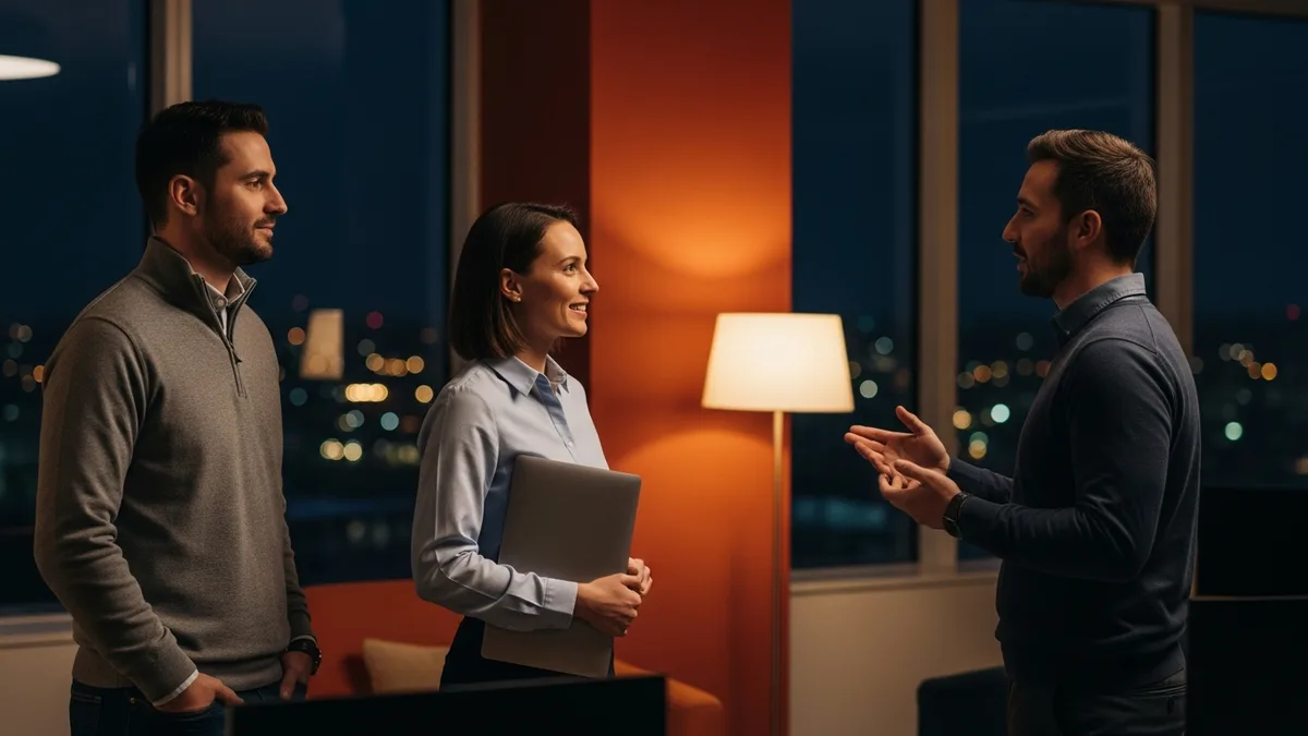 IT delivery team standing and talking through a production cutover in a dimly lit office at night