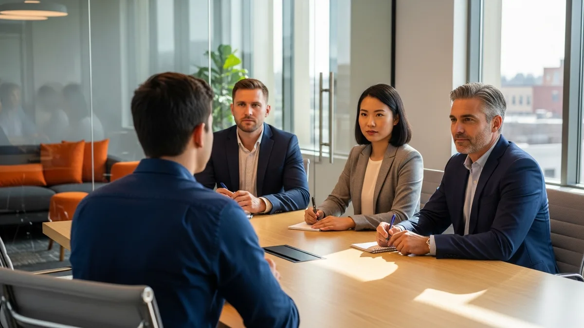 Three-person hiring panel interviewing an IT project manager candidate across a conference table