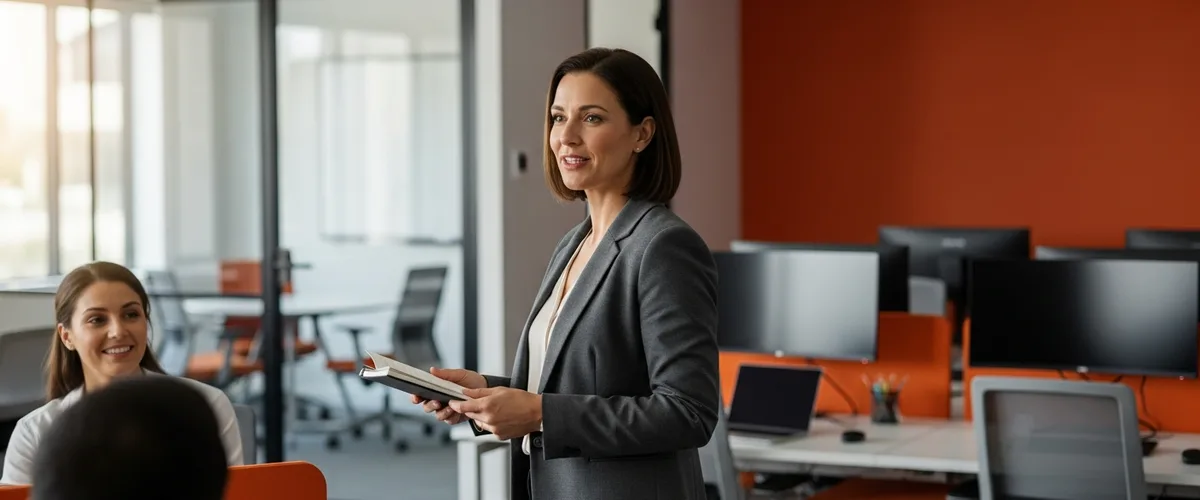 IT project manager standing and talking through a delivery plan with two seated colleagues in a modern technology office