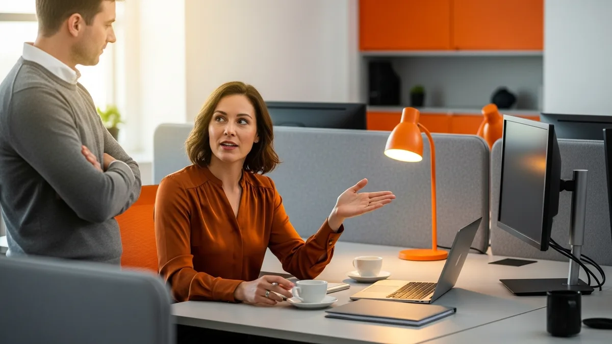 IT project manager questioning a vendor status update with a colleague standing beside her desk