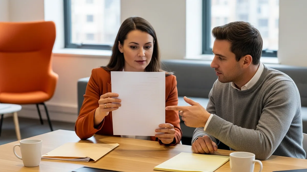 Hiring manager and technical recruiter reviewing an IT project manager job description draft at a conference table