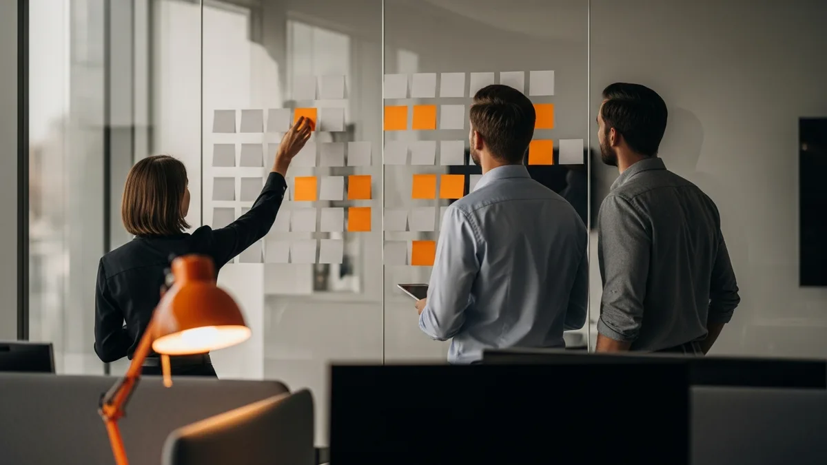 IT project team planning a migration timeline on a kanban wall before writing the IT project manager job description