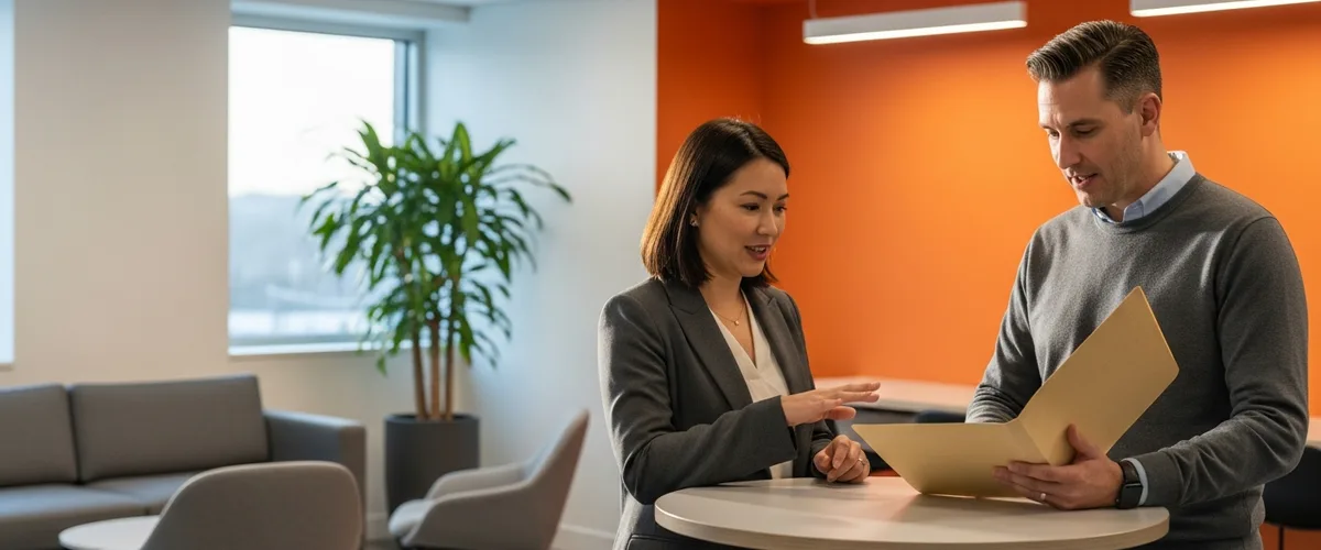 Hiring manager and IT staffing recruiter scoping an IT project manager job description in a modern office