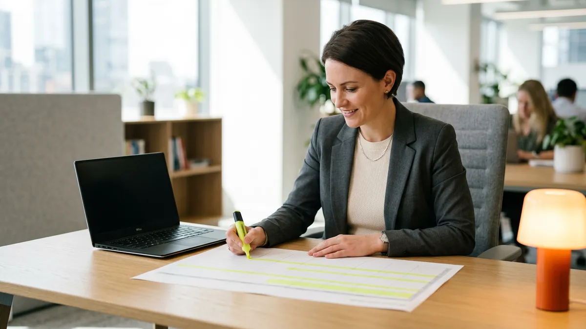 IT project manager marking up a printed migration plan with a highlighter at a desk beside a laptop and an orange desk lamp