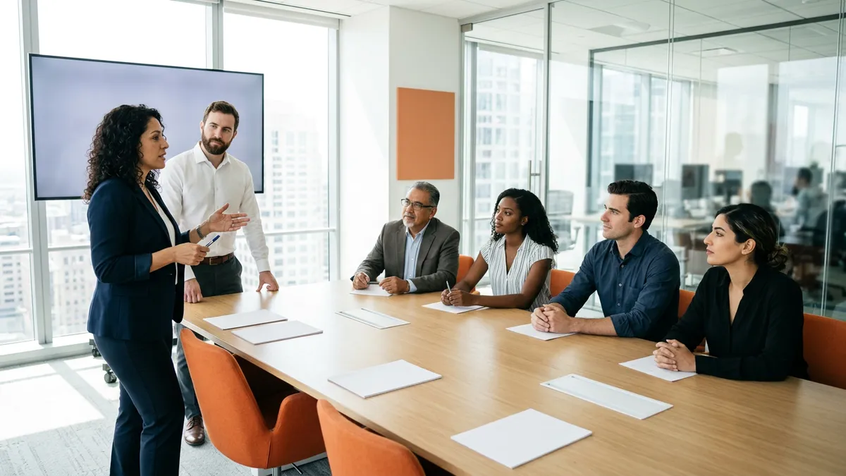 Cross-functional IT team standing around a conference table during a change advisory board review