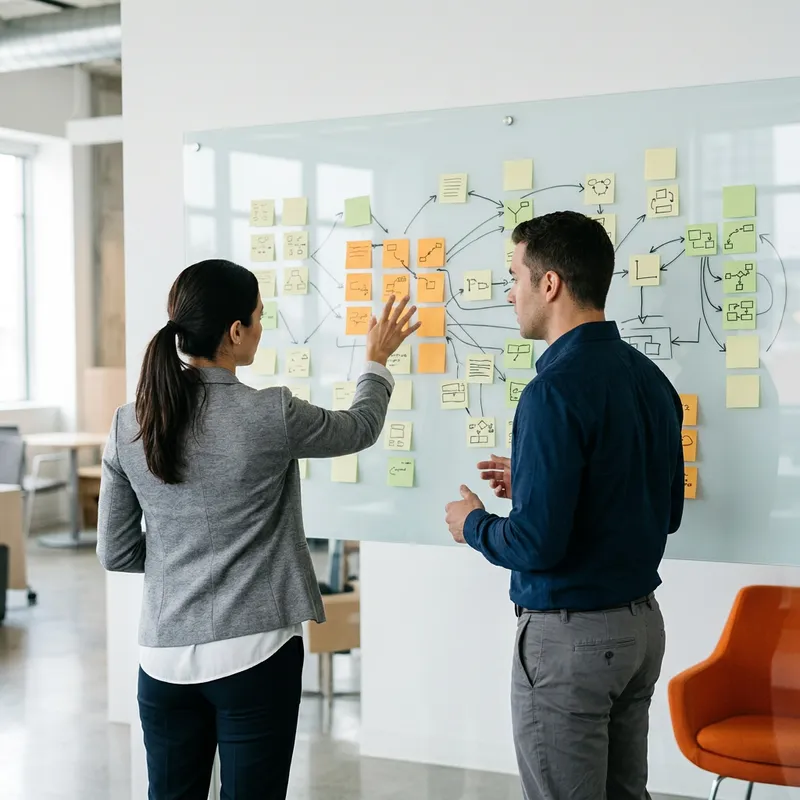 Two colleagues at a whiteboard covered in a dependency map with sticky notes during an IT project planning session