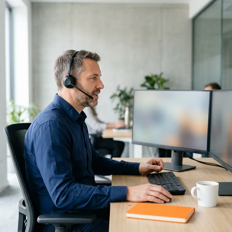 IT project manager on a video call reviewing a change request on a second monitor in a quiet office