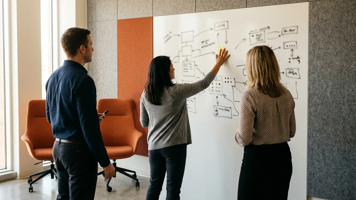 Technology team mapping an IT staff augmentation deliverable scope on a conference room whiteboard