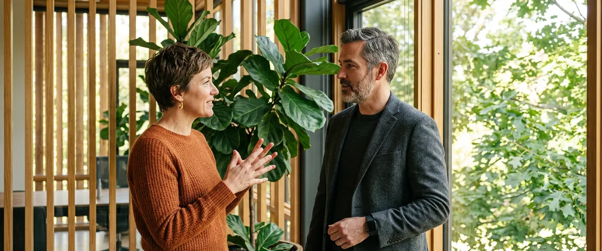 Hiring manager and technology leader discussing IT staff augmentation scope beside an office window